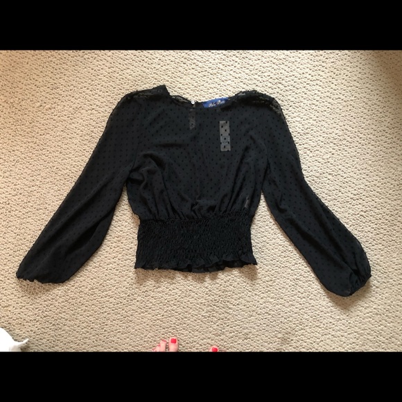 Sheer Black Top with Embroidered Polka Dots - Picture 1 of 4